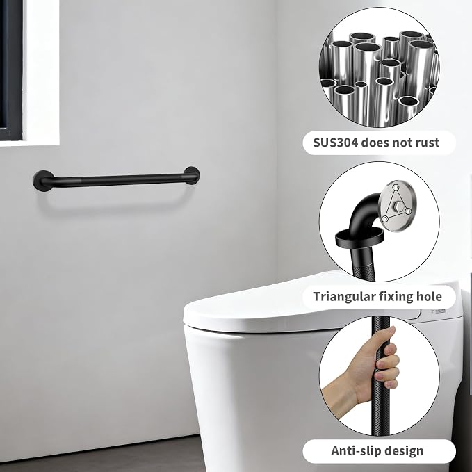24 Inch Shower Grab Bar, ZUEXT Stainless Steel Bathroom Safety Handle w/Knurled Non-Slip Grip, Heavy Duty Wall Mounted Bathtub Toilet Support Rail for Elderly Seniors Disabled (Black, 1.25" Diameter)