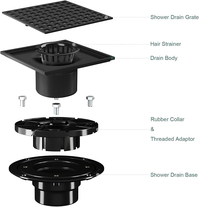4 Inch Shower Floor Drain with Flange - Square Shower Drain with Hair Strainer - Removable Grid Strainer Cover - SUS304 Stainless Steel - Matte Black