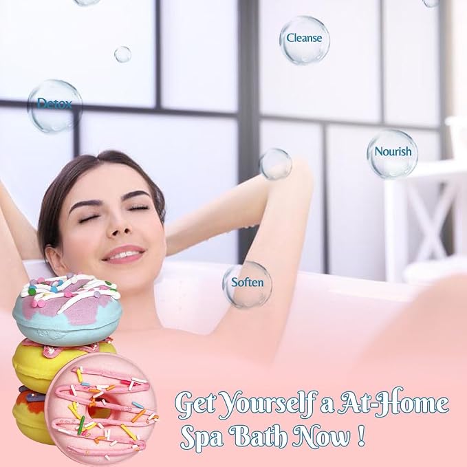 KAV Donut Bath Bombs Gift Set – 4 Piece Handmade Organic Bath Bomb Kit with Essential Oils – Relaxation Spa Gift for Women, Men, Teens, Kids – Self Care & Aromatherapy Soak