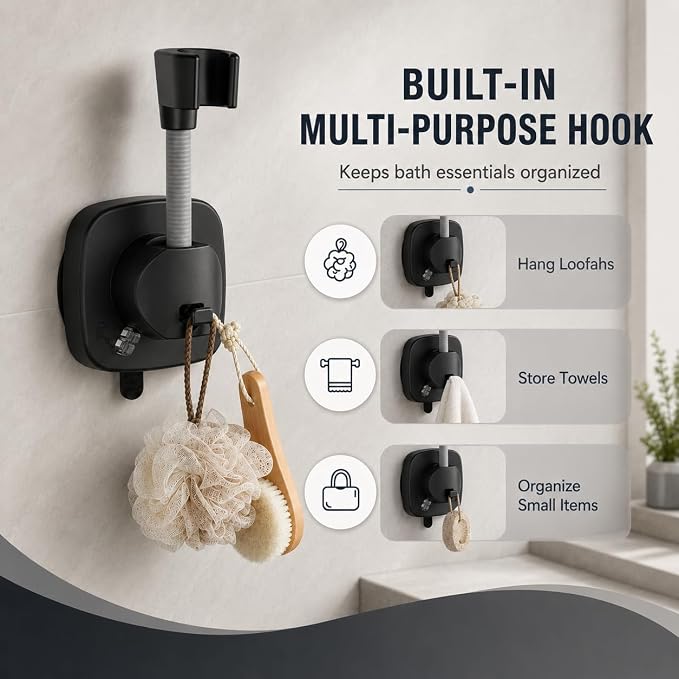 Black Shower Head Holder, Suction Cup Handheld Shower Holder, No Drill Adjustable Shower Wand Bracket with Lever Lock Removable Holder for Smooth Tile Glass Marble Metal Fits Most 1/2" Hoses