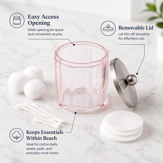Blush Translucent Apothecary Octagional Shaped Glass Canister Jar With Metal Lid Cover for Bathroom Organization, Cotton Balls, Q Tips, and Small Accessories, Bathroom Storage