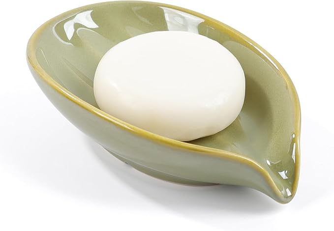 Soap Holder, Self-Draining Soap Dish, Leaf Shape Ceramic Green Bar Soap Holder Drain Soap Dishes for Bathroom Sink Kitchen, Easy to Clean Keeps Soap Dry, ANTIS'S HOME