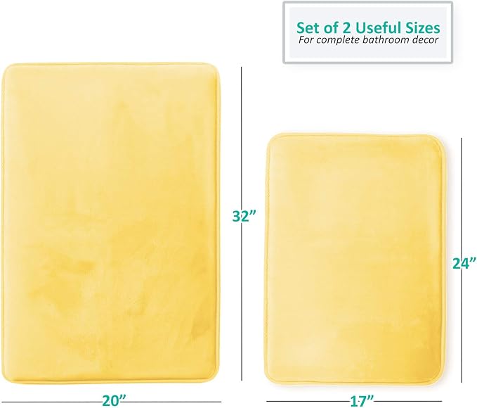 Clara Clark 2 Piece Bathroom Rugs Bath Mat Set, Velvet Memory Foam Bath Mats for Bathroom - Non-Slip, PVC Backing Bath Rugs, Washable - Dries Quickly, Yellow