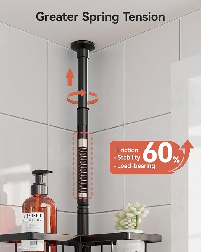 YASONIC Corner Shower Caddy Tension Pole, 25.7-109.1in Adjustable Shower Shelves, Rust-Resistant Shower Organizer, No-Drill 3-Step Installation, Bathroom Shelves for Renters & Family, Black