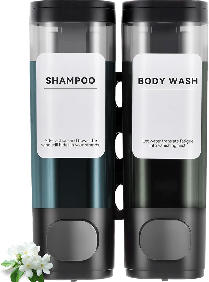 Shampoo Conditioner Shower Soap Dispenser 2 Chamber Wall Mount Black | Refillable. Leakproof 600ml. No-Drill Wall Mount. Soap, Shampoo, Conditioner, Body Wash, Shower Gel, Bathroom Set. BPA-Free.