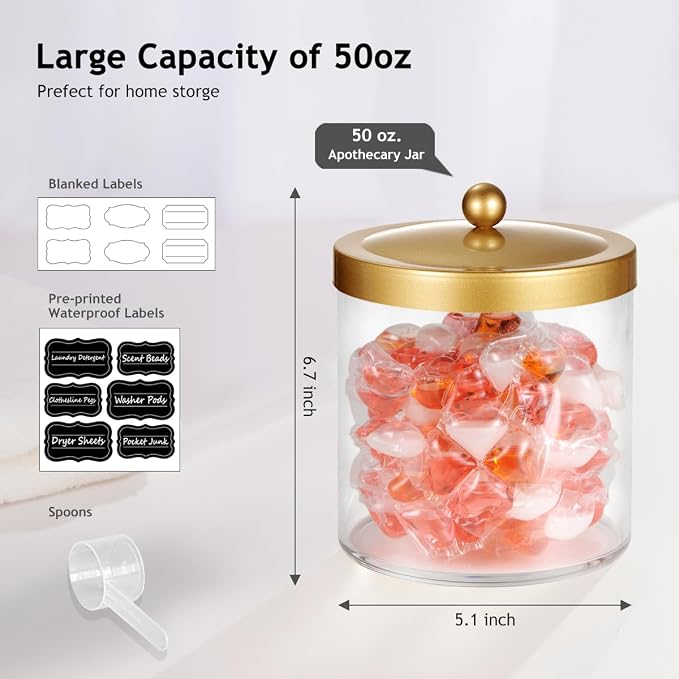 SheeChung 4 Pack 50 Ounce Large Clear Apothecary Jar with Gold Rust-Proof Lid - Shatterproof Plastic Storage Canister - Modern Luxury Bathroom Vanity & Laundry Room Organizer for Pods, Bath Salts