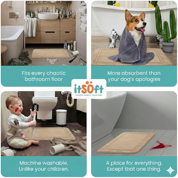 ITSOFT Memory Foam Bath Mat 24x16, Non Slip, Machine Washable, Quick Dry & Absorbent Rugs, Bath Mats for Bathroom Floor, Tub & Shower, Bathroom Rug, Beige
