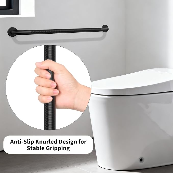 36 Inch Black Shower Grab Bar with Anti-Slip Knurled Grip,YuanDe Stainless Steel Bathroom Grab Bars，Shower Handrail Support, Handicap Elderly Balance Assist Handles