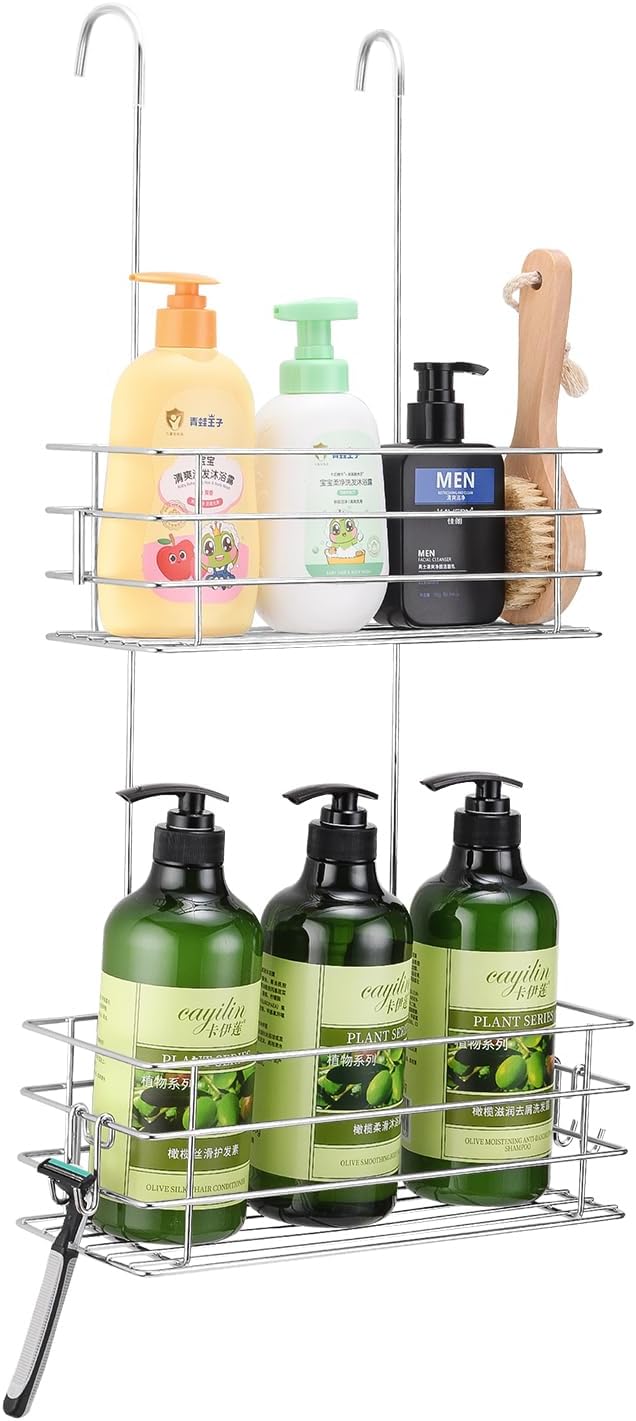 Hanging Shower Rack Shower Caddy with Rotatable Hook bar Over the Door and Can be Hung on the Faucet or Claw Foot, 304 Stainless Steel Rust Proof and Durable (Double-Layer)