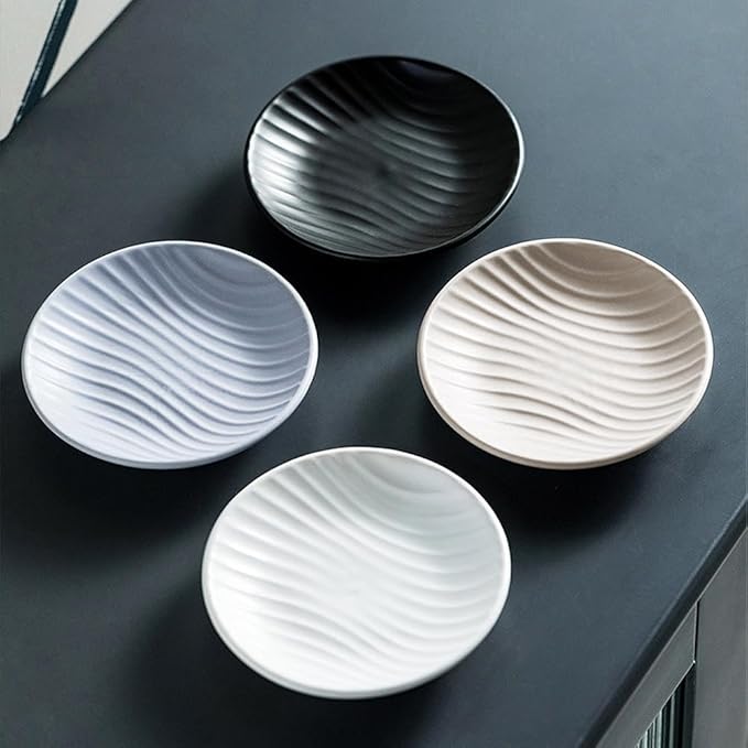 Chic Round Soap Dish, Modern Minimalist Striped Design Ceramic Tray(Oatmeal)