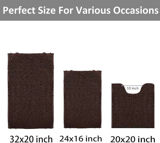 Bath Rug Set 3 Piece Luxury Chenille Extra Soft and Absorbent Shaggy Bathroom Mat Rugs, Machine Washable, Non-Slip Plush Carpet Runner for Tub, Shower, (Brown) Home Decor Bathroom Accessories