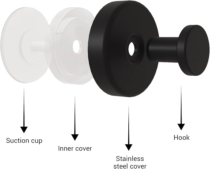 Suction Cup Hooks for Shower - 2 Pack, Matte Black - Stainless Steel, Strong Suction, No Drill, Removable Hanger, Tile Bathroom Kitchen Wall, Glass Door, Mirror Hook Hanging Robe, Towel Holder