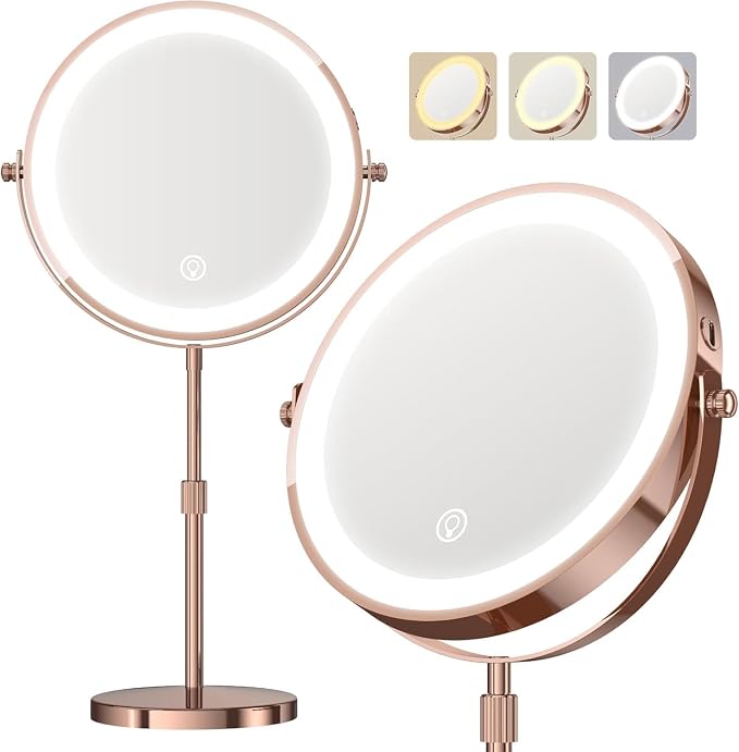 Dienmern Lighted Makeup Mirror, 1X/20X Double-Sided Magnifying Vanity Mirror with Lights, 360° Rotation, 5000mAh Rechargeable Adjustable Brightness with 3 Colors for Dorm, Living Room, Women Gift