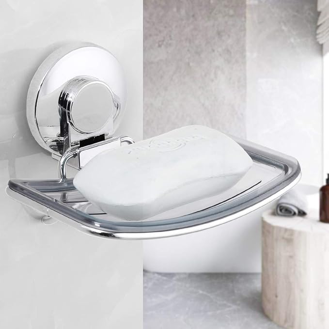 Chrome Suction Cup Soap Dish Holder for Shower Wall Drill-Free Rustproof Waterproof Wall Mount Strong Suction Removable Bar Soap Sponge Holder for Bathroom Bathtub Kitchen