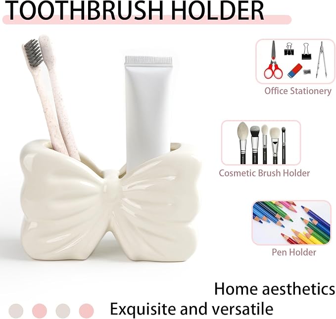Bow Toothbrush Holder ， 2-Slot Toothbrush and Toothpaste Holder Cute Toothbrush Holder Set, Bathroom Counter Organizer for Bathrooms， Electric Toothbrushes, Floss, Razors - White