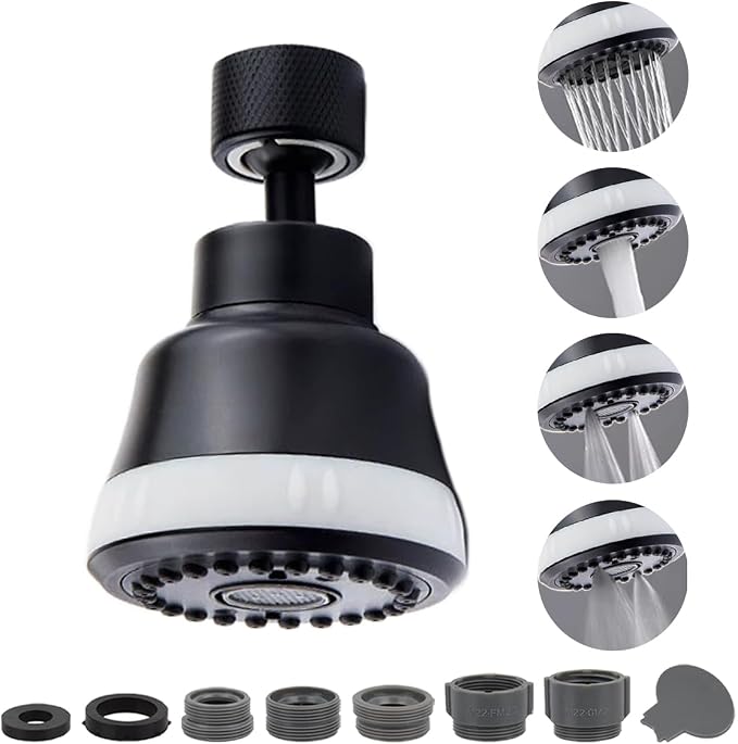 Faucet Aerator Faucet Sprayer Attachment, Kitchen Faucet Head Replacement with 4 Spray Modes, 360° Swivel Faucet Extender Anti-Splash Sink Sprayer Faucet Nozzle Head (Diamond, Black)