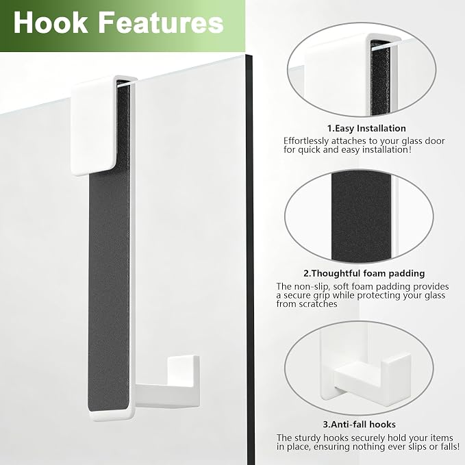 Extended Shower Door Hooks (7.5 Inch), Over Door Hooks for Bathroom, Heavy Duty Stainless Steel Towel Hooks for Frameless Glass Shower Doors, Shower Hooks for Robe (White, 2-Pack)