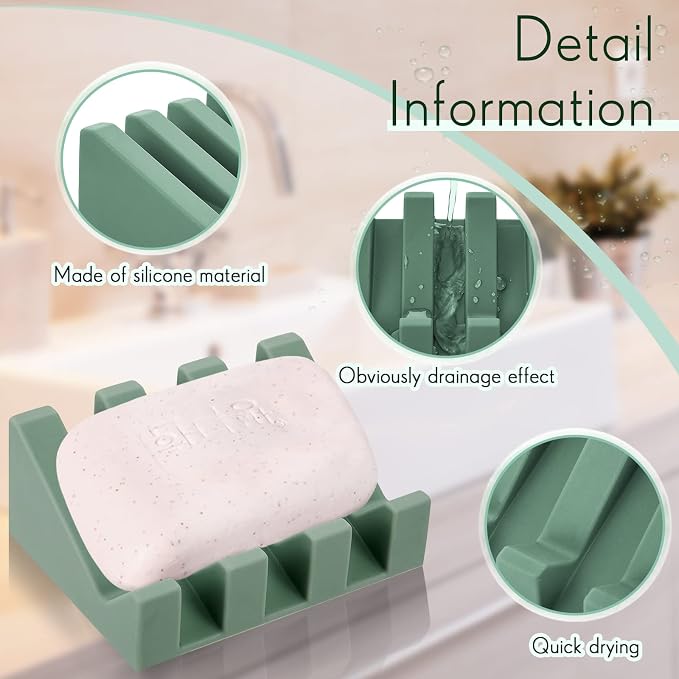 Cunhill 2 Pieces Silicone Soap Dish Self Draining Soap Dish Shower Waterfall Bar Soap Holder Tray with Drain Soap Saver for Kitchen Bathroom Accessories (Light Green)