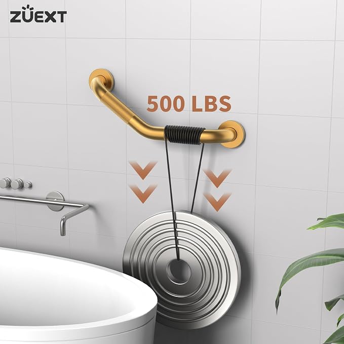 16 Inch Angled Grab Bar 2 Pack, ZUEXT Anti Slip Brushed Gold Shower Grab Bar, Stainless Steel Knurled Bathroom Balance Bar, Safety Hand Rail Support,Handicap Elderly Injury Senior Assist Bath Handle