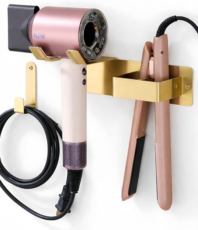 Hair Dryer and Straightener Holder, Stainless Steel Hair Dryer Stand for Bathroom, Hair Dryer Holder Wall Mounted Adhesive or Drilling, Hair Tool Organizer for Salon Barber Shops Gold BANJEKT