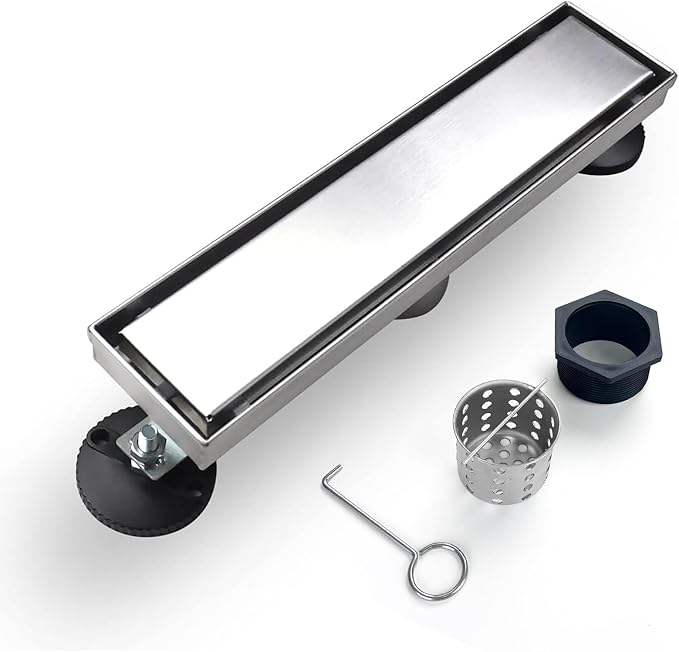 Linear Shower Drain, 12 inch Drain with Tile Insert 2-in-1 Panel, Brushed 304 Stainless Steel Shower Floor Drain, Linear Drain with Hair Strainer and Adjustable Feet