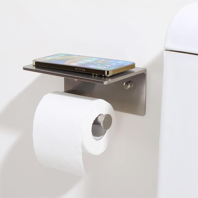 Toilet Paper Holder with Shelf - Toilet Tissue Holder with Cell Phone Shelf for Bathroom - Toilet Paper Roll Holder with Wipes Storage, Wall Mounted by Adhesive Tape or Screw - Brushed Nickel