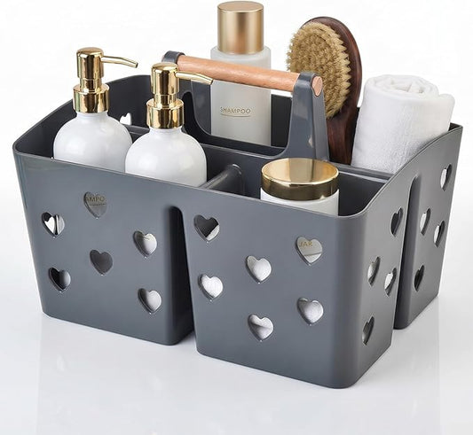 NINU Gray Portable Shower Caddy with Wooden Handle, Large Plastic Shower Basket Tote with 3 Compartments & Drain Holes, Bathroom Organizer for College Dorm, Gym, Camping, Vanity