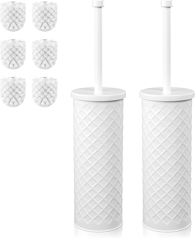 Toilet Bowl Brush and Holder Set 2 Pack with 4 Extra Brush Heads (White) | Extra Long Handle with Splash Guard Cover, Tool-Free Installation, Bathroom Space-Saving, Cleaner Sets for Apartments, RV