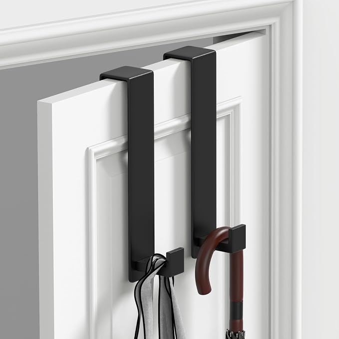 PMMASTO 10 Inch Extended Over The Door Hooks, Rustproof Stainless Steel Door Hanger with Non-Slip Pads for Bathroom Kitchen Entryway (Black, Fits 1-3/4" Thick Door, L Shape 2 Pack)