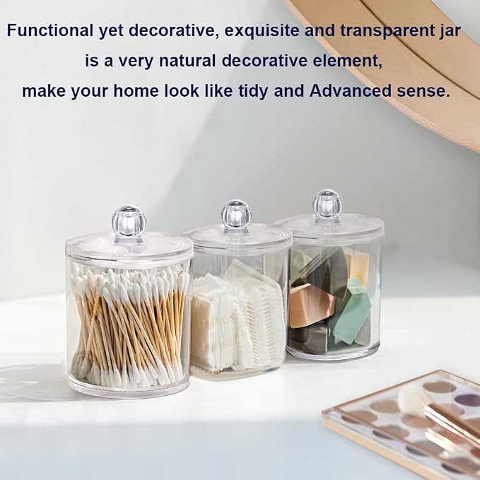 4 Pack Qtip Holder Dispenser for Cotton Ball, Swab, Round Pads, Floss - 10 oz Clear Plastic Apothecary Jar Set for Bathroom Canister Storage Organization, Vanity Makeup Organizer
