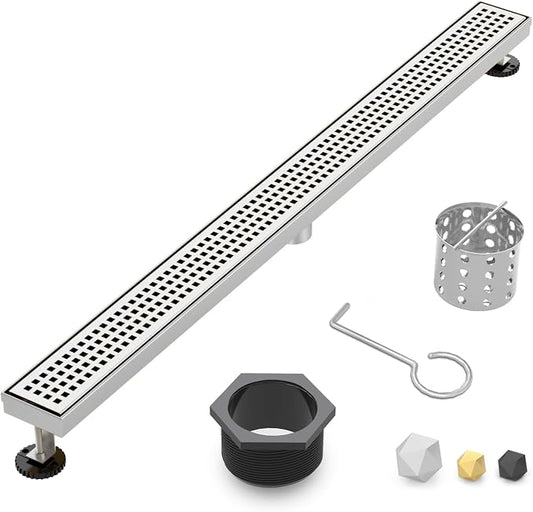 Linear Shower Drain | 36 Inch AISI 304 Stainless Steel Shower Drain, Brushed Nickel Linear Drain with Removable Quadrato Grate Cover & Adjustable Feet, Rectangle Floor Drain, in Bathroom Balcony etc