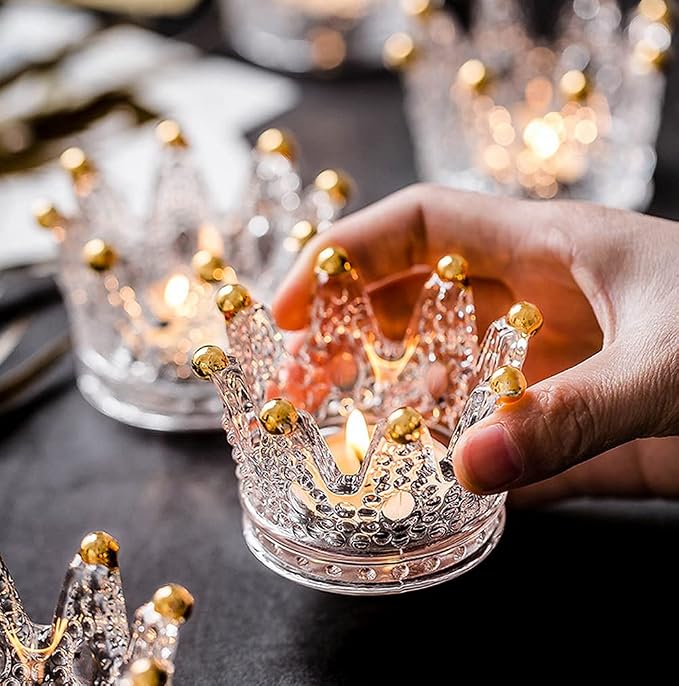 Vixdonos Votive Candle Holders Set of 6 Crown Glass Tealight Candle Holder for Wedding, Party and Home Decor (Gold Tips)