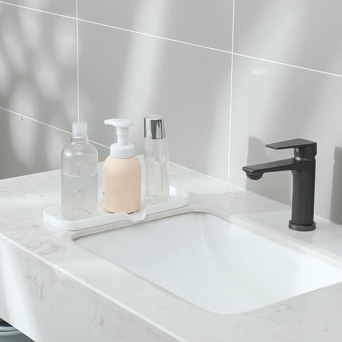 MicoYang Silicone Soap Dish with Drain Spout — Self-Draining Double Sink Organizer Tray for Kitchen & Bathroom, Dispensers, Sponges & Soap Holder, Non-Slip & Dishwasher Safe, White (Large, 12"×4")