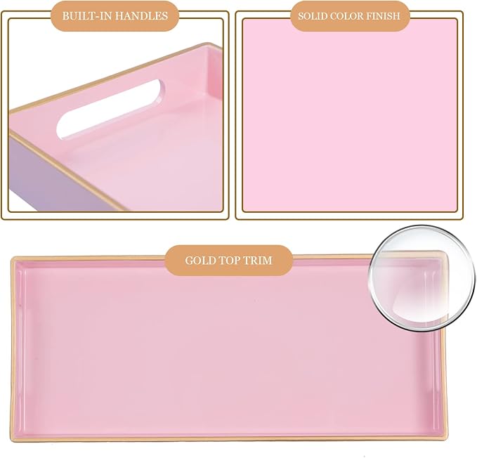 MAONAME Pink Vanity Tray Set of 2, Plastic Decorative Tray with Handles, Long Narrow Trays, Small Bathroom Trays for Toilet Tank, 13.8" X 6" X 1.57"