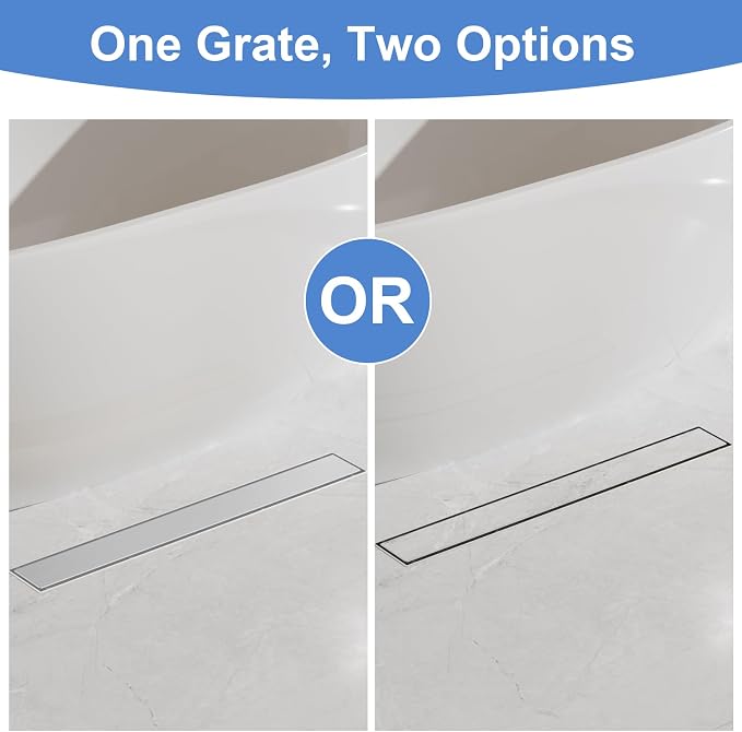 18-Inch Linear Shower Drain with Tile Insert Grate, SUS 304 Stainless Steel Linear Drain, Brushed Nickel Long Rectangle Shower Floor Drain with Leveling Feet, Hair Strainer, Fits Bathroom
