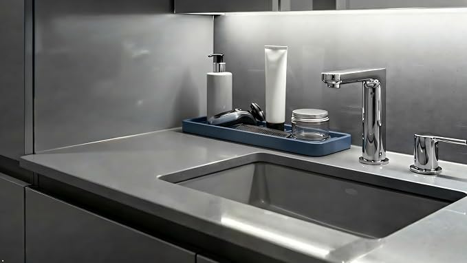 Silicone Sink and Surface Organizer Tray, Sponge Holder, Vanity Tray, Heat Safe, Dishwasher Safe, for Bathroom and Kitchen Organization (Smoky Blue, 12"x4")