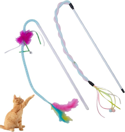2-Pack Cat Toy Wand Set: Interactive Cat Teaser Wands with Bells and Streamers to Engage Your Cat’s Natural Instincts (Tassels and Sequins)