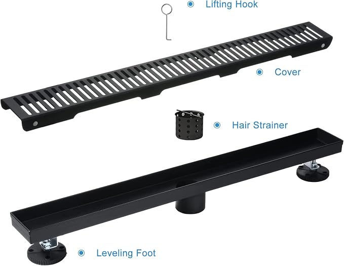 Linear Shower Drain,60 inch 304 Stainless Steel Shower Drain,Black | Capsule Drain with Removable Capsule Cover, Linear Drain with Hair Strainer and Adjustable Feet,Bathroom Shower Renovation