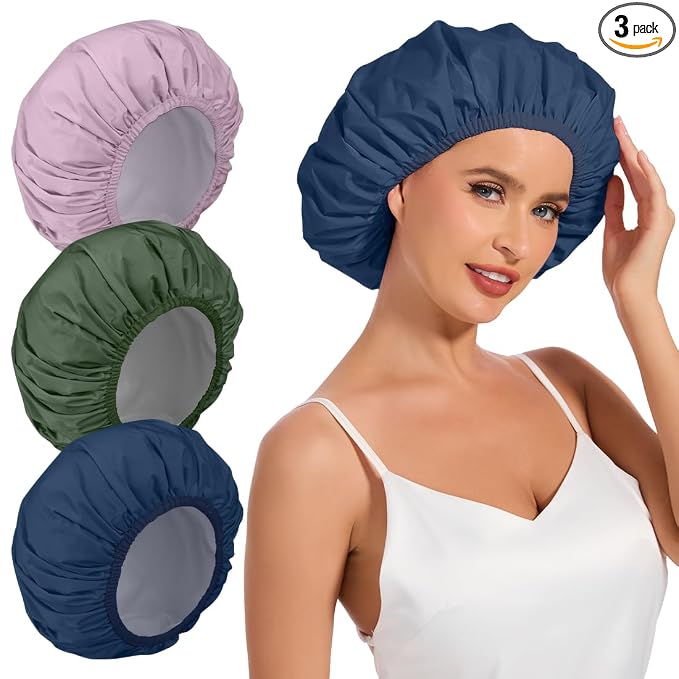 3 Pack Shower Cap for Women Reusable Waterproof, Bath Cap for Long Hair, Comfortable Shower Hat for Home and Travel