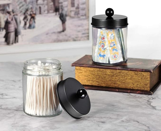 Amolliar 6Pc Apothecary Jars Bathroom Vanity Organizer- Rustic Farmhouse Decor Storage with Stainless Steel Lids- Qtip Dispenser Holder for Q-Tips, Cotton Swabs, Rounds, Ball, Flossers (Black)