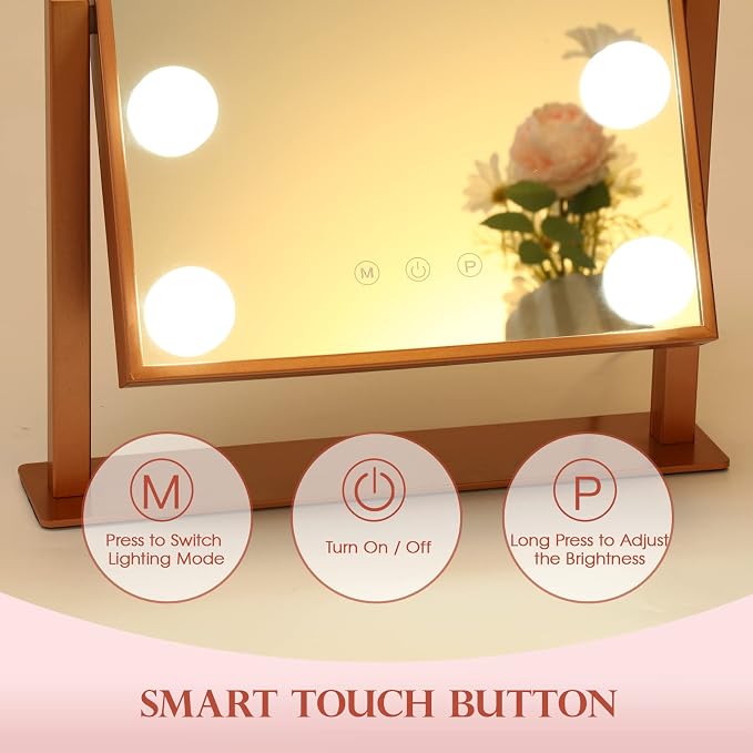 BWLLNI Lighted Makeup Mirror, Rose Vanity Mirror with Lights,9 LED Bulbs | Hollywood Mirror Touch Control Design 3 Colors Dimmable Bulbs Detachable 10X Magnification 360°Rotation