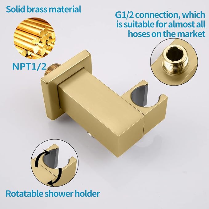AYIVG Bathroom All Brass Wall Mount Adjustable Handheld Shower Head Bracket Holder , Brushed Gold Finish