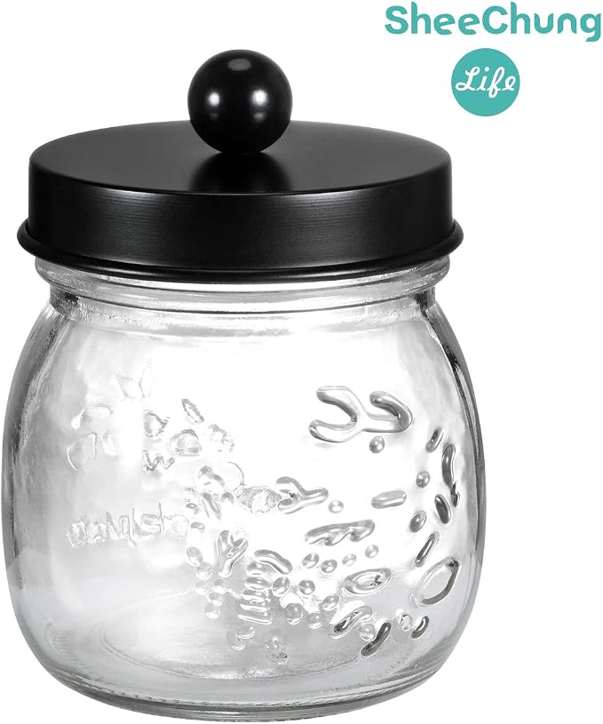 SheeChung Small Glass Mason Jar Qtip Holder with Black Stainless Steel Lid | Clear Apothecary Jar Canisters Set,Bathroom Jar Dispenser,Vanity Storage Organizer for Cotton Swab,Ball,Floss,Farmhouse Decor