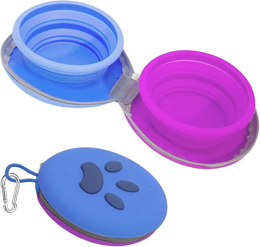 2-in-1 Collapsible Dog Travel Bowl Portable Silicone Carabiner | For Food and Water Use, Folds Flat for Compact Storage, Ideal for Pet Travel, Camping, Hiking, Road Trips and Daily Walks