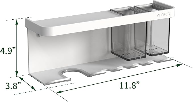 Hair Dryer Holder Wall Mounted Adhesive/Drilling, Hair Dryer Storage Organizer with Shelf & Hooks for Bathroom, Blow Dryer Holder, Hair Tool Organizer (White)