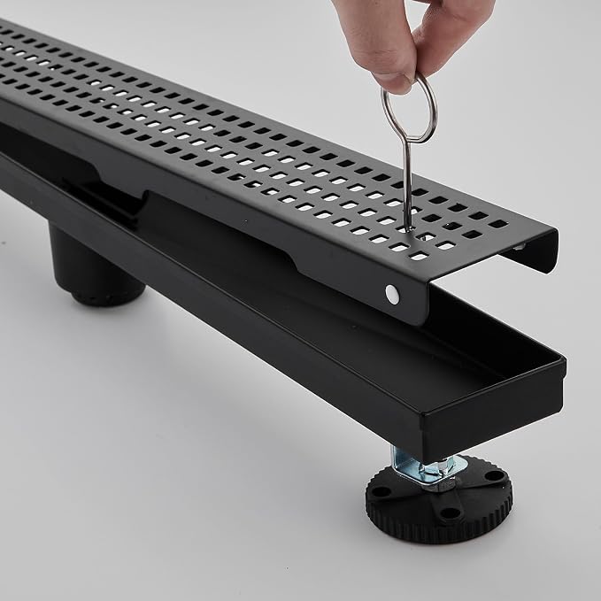AVSIILE Linear Shower Floor Drain, Matte Black 36 Inch 304 Stainless Steel Bathroom Drains Kit, Long Rectangular Shower Trench Drain with Square Pattern Drain Cover & Hair Catcher