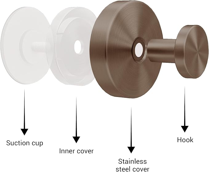 Suction Cup Hooks for Shower - 4 Pack, Bronze - Stainless Steel, Strong Suction, No Drill, Removable Hanger, Tile Bathroom Kitchen Wall, Glass Door, Mirror Hook Hanging Robe, Towel Holder