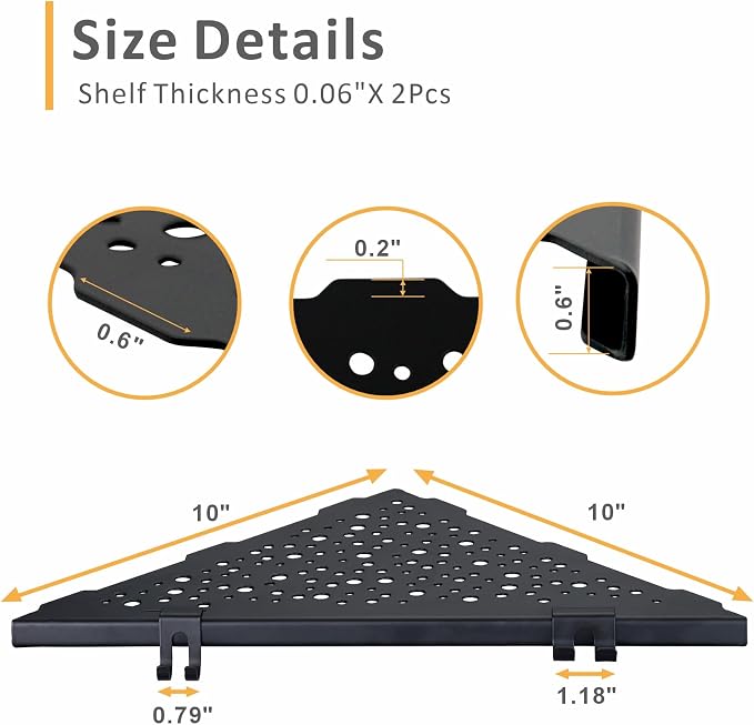 WELLUP Corner Shower Shelf with 4 Hooks,10 Inch 304 Stainless Steel Recessed Bathroom Shelves,No-Drilling Installation for Tiled Wall,Matte Black, 2-Pack