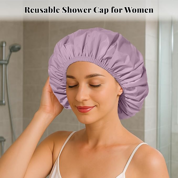 3 Pack Shower Cap for Women Reusable Waterproof, Bath Cap for Long Hair, Comfortable Shower Hat for Home and Travel