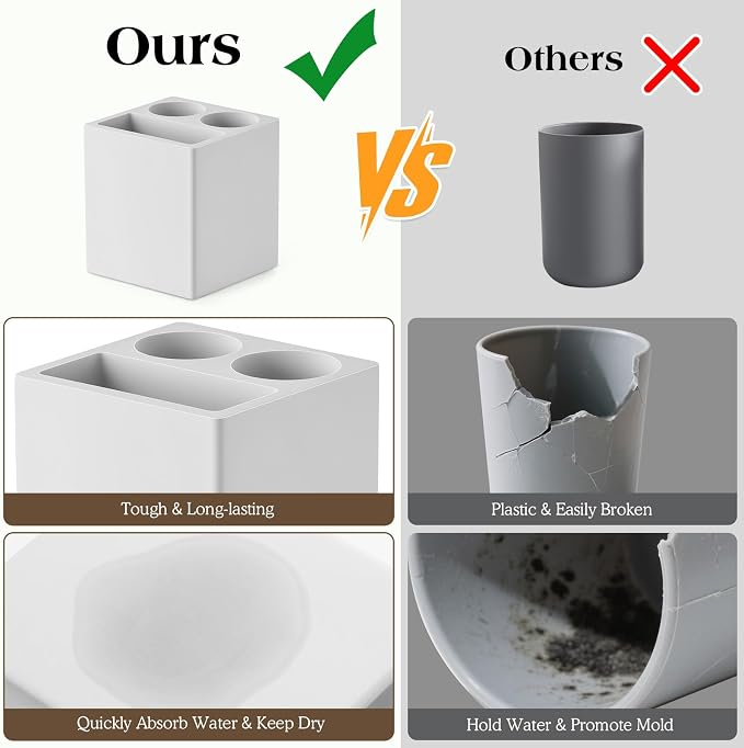 Luxspire Toothbrush Holder, 3 Slots, Light Gray | Diatomite, Fast Drying, Toothbrush Holders for Bathroom, Toothbrush and Toothpaste Holder for Countertop